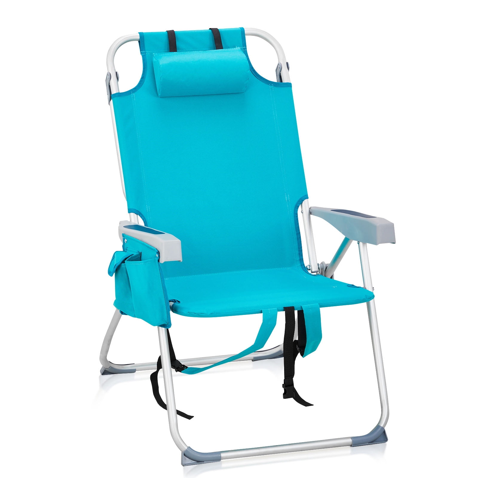 5-Position Adjustable Beach Lounge Chair with Cooler Cup Holder Storage Pockets, 600D Oxford Aluminum Frame Foldable Portable Backpack Beach Chair Holds 330 LBS
