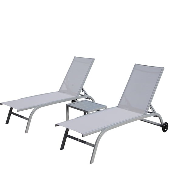 5 Position Adjustable Chaise Lounge Outdoor Of 3 - Grey. Wheels For Easy Mobility, All Weather Use. Breathable Fabric. Hassle- Assembly & Storage. Patio, Pool, Beach Chairs Grey . Adjustable.