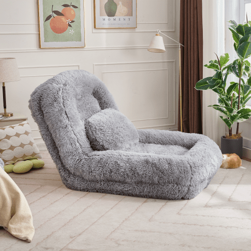 5-Position Adjustable Human Dog Bed, Convertible Floor Sofa & Gaming Chair, Plush Faux Fur Lounger for Bedroom & Living Room, Gray