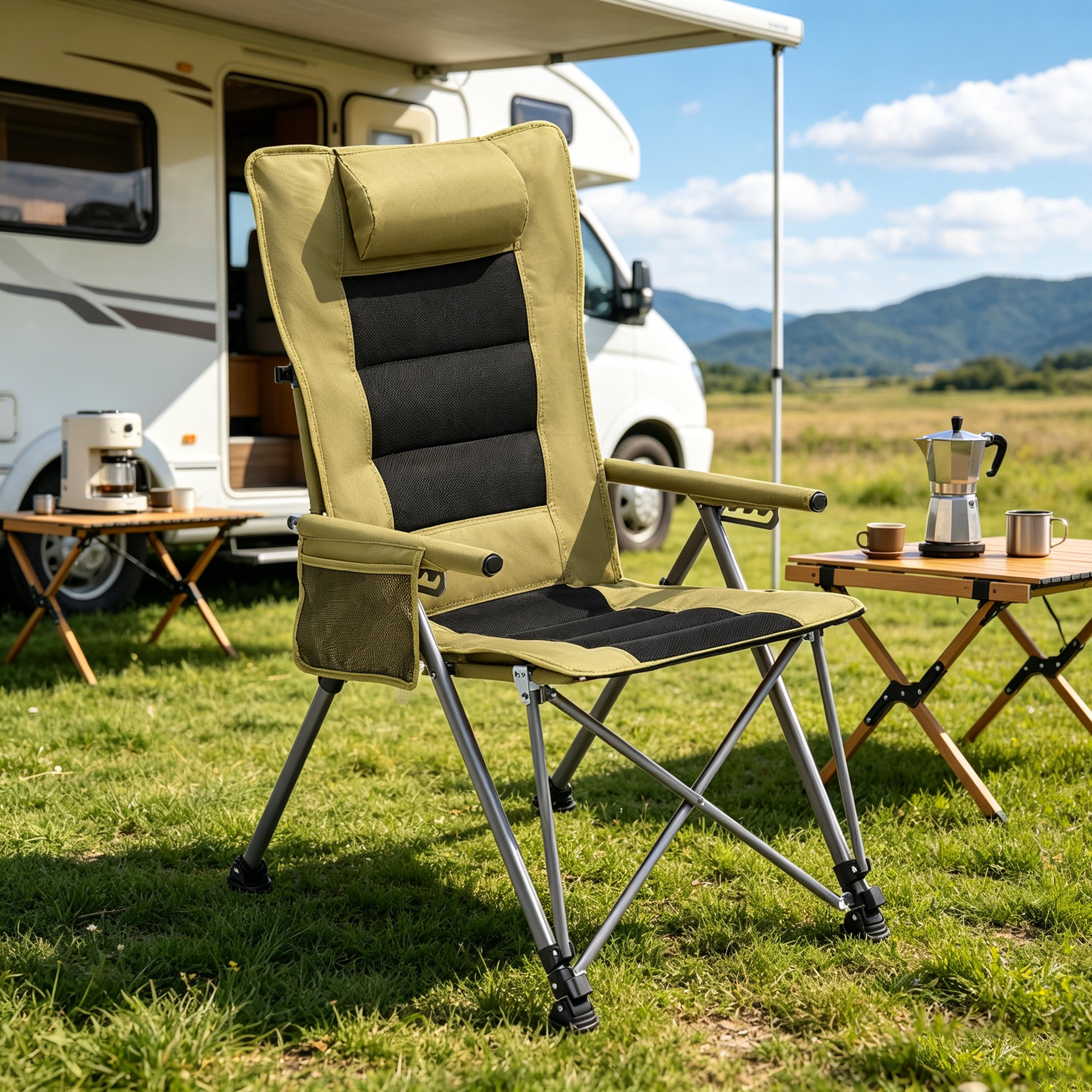 5-Position Adjustable Reclining Camping Chair, Heavy Duty 264LBS Capacity, 900D Oxford Fabric, with Side Pocket & Carry Bag for Beach Patio Outdoor Use