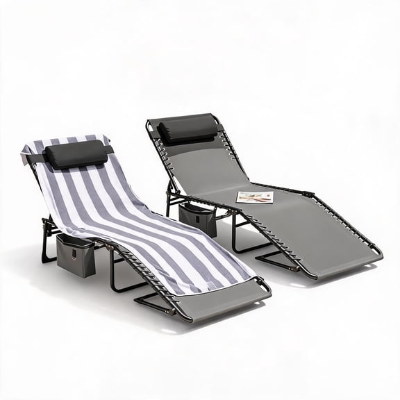 5-Position Adjustable Reclining Lounge Chair, Folding Patio Chaise with Removable Pillow, Side Pocket.