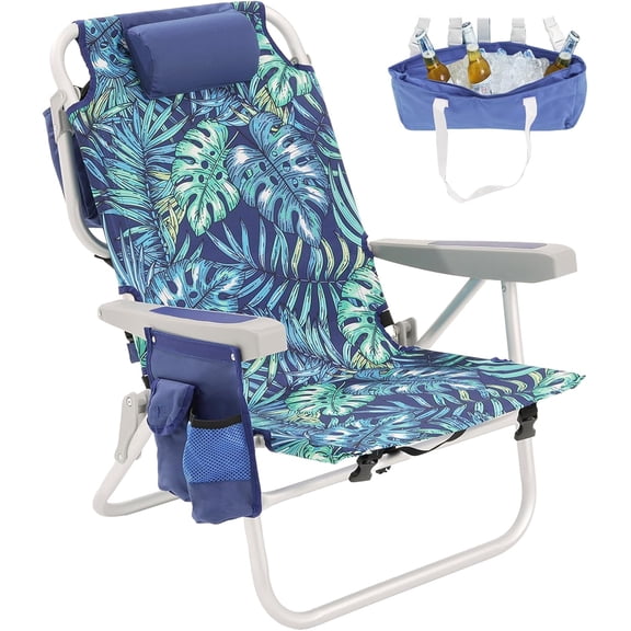 5-Position Lay Flat Portable Folding Backpack Beach Chair with Heavy Duty Cooler Bag, Cup Holder for Outdoor, Lawn, Camping, Fishing and Picnic - Foldable Compact Design in New Blue