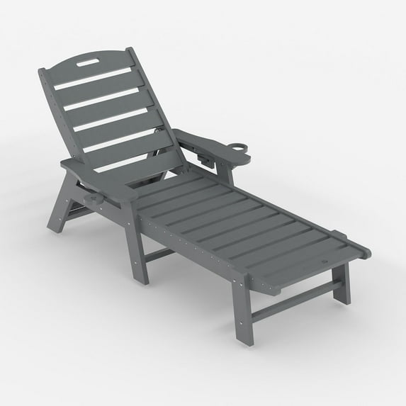 5-Position Patio Lounge Chair for Outside, HDPE Outdoor Chaise Lounge with Cup Holder, Resin Pool Lounger Chair, Gray