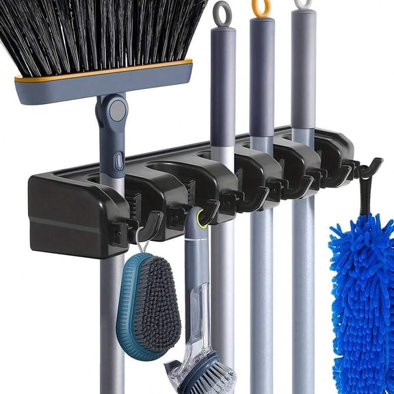 /5 Position Wall Mounted Mop Holder, Multi-Functional Broom Hanger Rack, Black Magic Plastic Mop Rack, Space Saving Heavy Duty Wall Mounted Storage Rack With Safety Clips