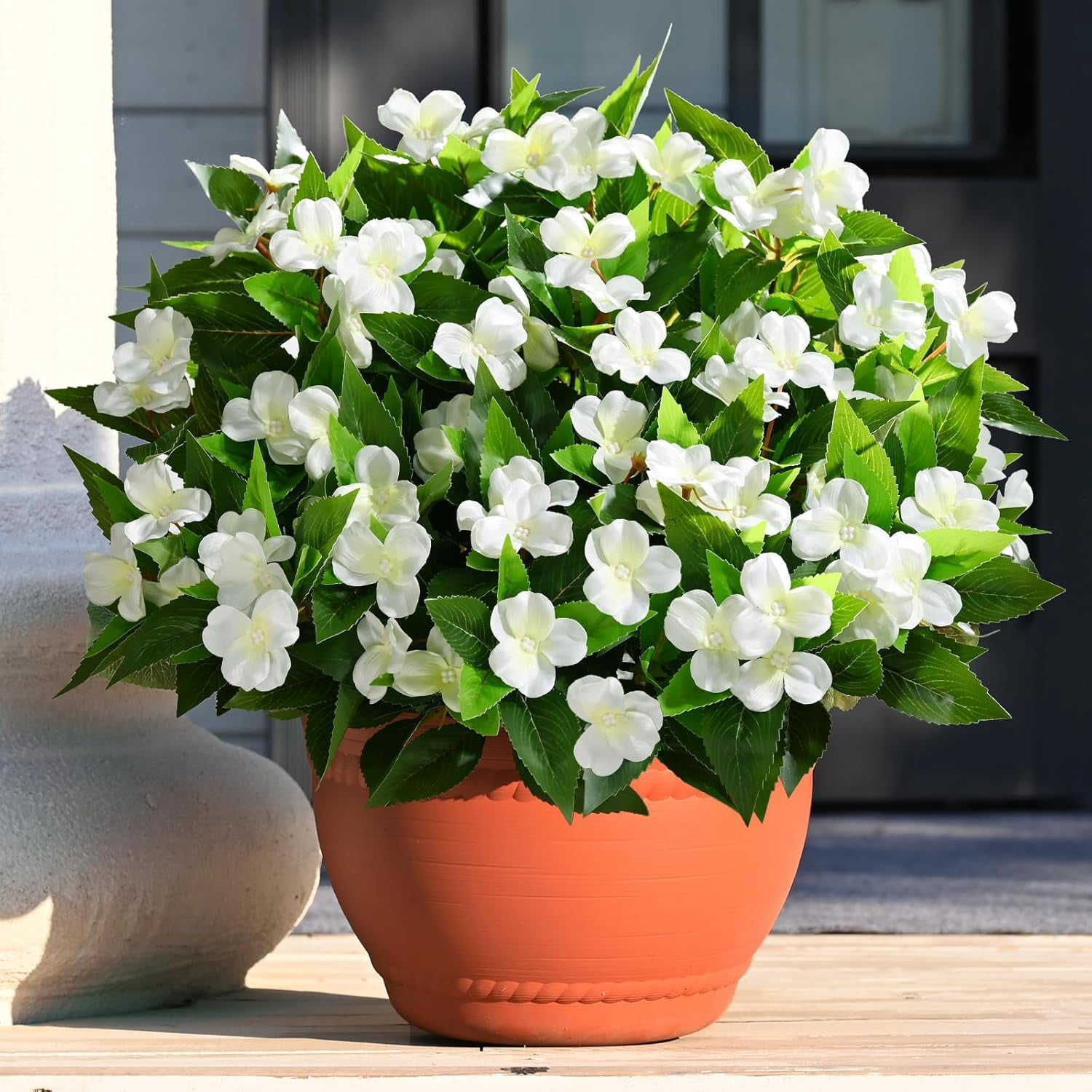 5 Ppcs Artificial Flowers for Outdoors, UV Resistant Faux Flowers for Outdoor Planters, Silk Impatiens Bouquet Pink Spring Artificial Plants for Garden Porch Patio Balcony Yard Decoration