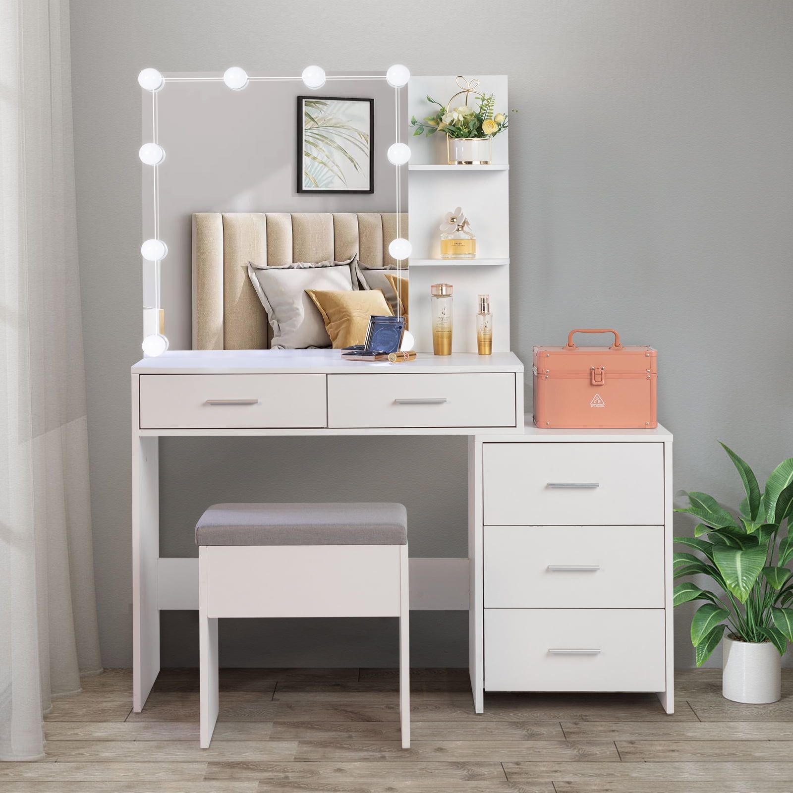 5 Pumps 2 Shelves Mirror Cabinet Three Dimming Light Bulb Dressing Table Set, White