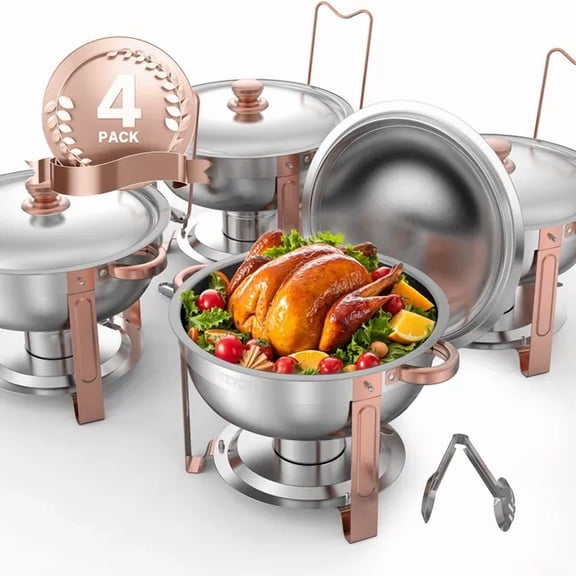 5 Quart 4 Pack Round Chafing Dish Buffet Set Full Size Pan Stainless Steel Rose Gold