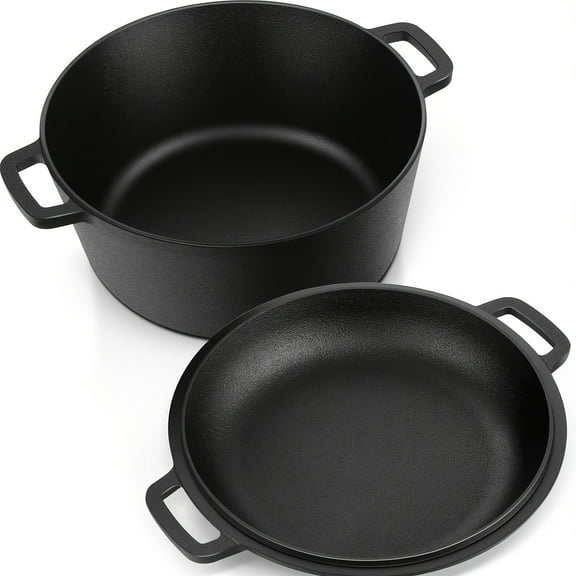 5-Quart Black Cast Iron Dutch Oven Stove - Gas Compatible with Lid, 2-in-1 Round Deep Skillet for Baking, Cooking, Stewing, Roasting - Indoor/Outdoor Use, Stewing Pot, Highquality Cookware