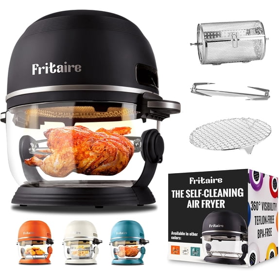 5 Quart Glass Air Fryer with 360 Visibility, Self-Cleaning, 400F Vortex Air Fryer for Even Cooking, BPA-Free Teflon Free, 9-in-1 Functions, Rotisserie, Roast, Bake, Black
