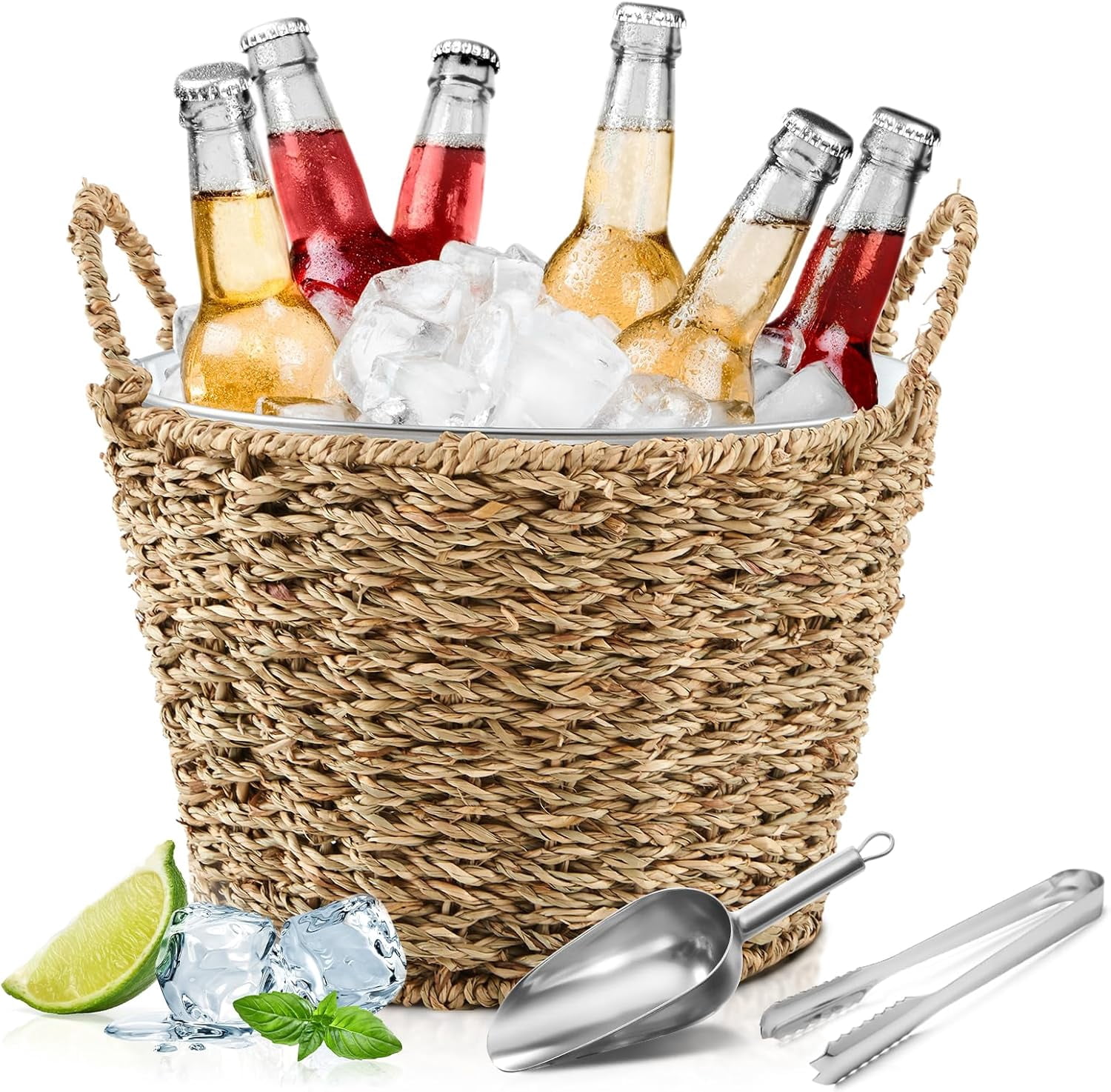 5 Quart Ice Bucket with Wicker Outer Basket, Scoop, Tong and Handle ...