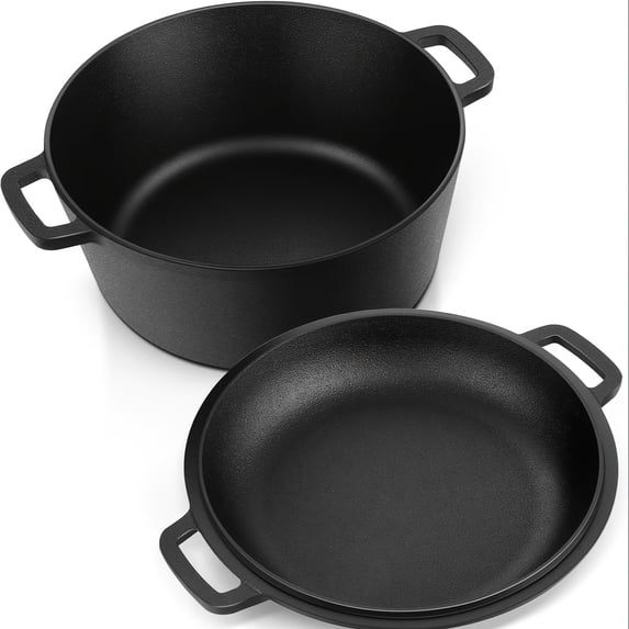 5 Quart Pre-Seasoned Cast Iron Dutch Oven with Lid - 2-in-1 Round Deep Pot for Baking, Cooking, Stewing & Roasting, Indoor & Outdoor Use, Black
