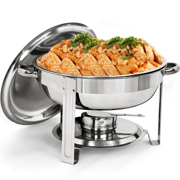 5 Quart Round Chafing Dish Buffet Set, Stainless Steel Food Warmer with Lid, Water Pan, Food Pan & Alcohol Furnace for Catering, Parties, Banquets, 1-Pack