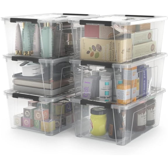 5-Quart Small Plastic Storage Container Bin with Secure Lids and Latch Buckles, Black Clear Durable Stackable Nestable Organizin, 6-Pack