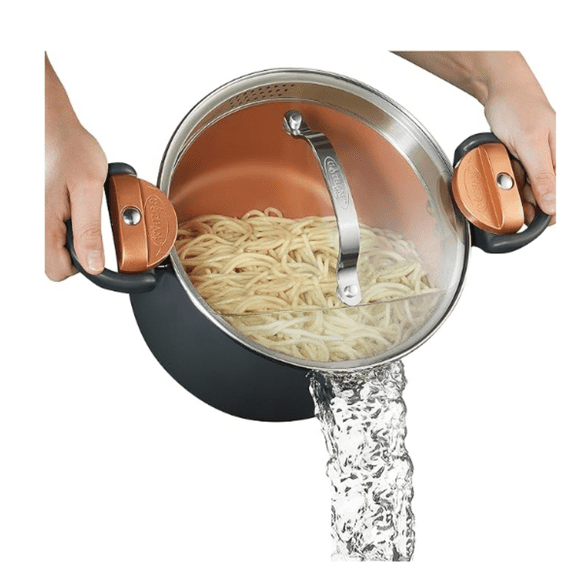 "5 Quart Stock Pot Multipurpose Pasta Pot with Strainer Lid & Twist and Lock Handles, Nonstick Ceramic Surface Makes for Effortless Cleanup with Tempered Glass Lid, Dishwasher Safe "
