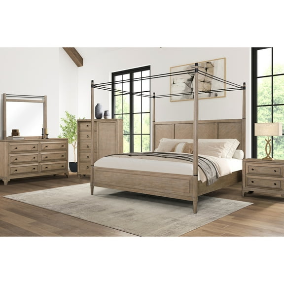 5 Queen Bedroom Combination: Canopy Bed, 2 Nightstand, Modern Dresser & Mirror, Chest With Door, Sand, Metal Accents, Functionality, Felt Lined Drawers, Solid Wood + Custom Hardware : 2 Drawer