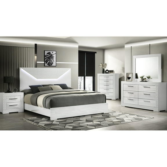 5 Queen Bedroom In White With Led Illuminated Headboard - 6 Dresser, Mirror, 2 Nightstand, Additional 5 Chest For Well-organized Dresser Lining And Detailing, Matching