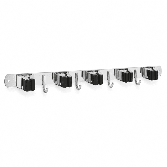 PLERISE Mop and Broom Holder Wall Mount - Stainless Steel, Heavy Duty, Self Adhesive, Non-slip - 5 Racks & 4 Hooks