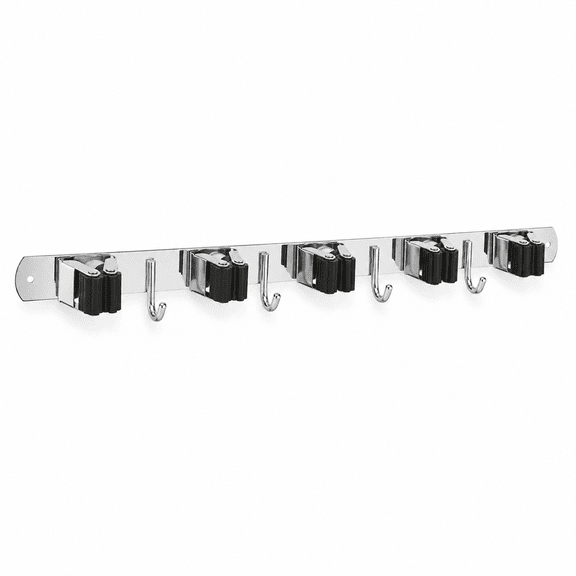PLERISE Mop and Broom Holder Wall Mount - Stainless Steel, Heavy Duty, Self Adhesive, Non-slip - 5 Racks & 4 Hooks