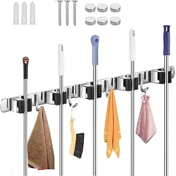 5 Racks Mop and Broom Holder Wall Mount - Stainless Steel Heavy Duty Broom Mop Hanger - Broom Rack for Closet Garage Laundry Room Kitchen