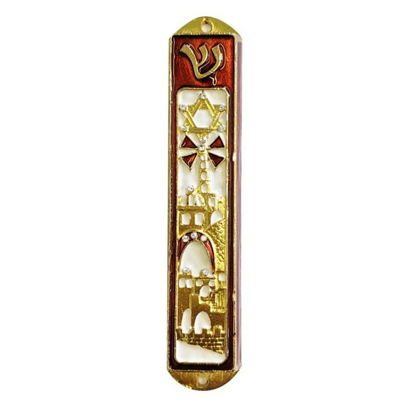5" Red Mezuzah Sacred City Design Hand Painted Enamel