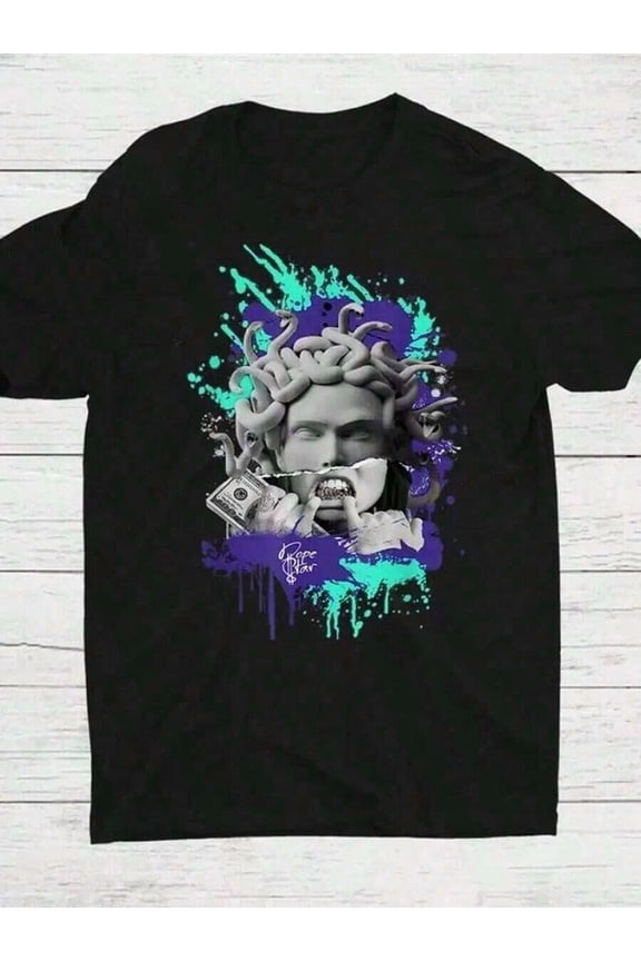5 Retro Alternate Grape Matching Graphic T-Shirt - Black Crew Neck Casual Tee With Unique Money & Medusa Print, Breathable All-Season Comfort, Machine Washable For Adults Back To School Halloween Vin