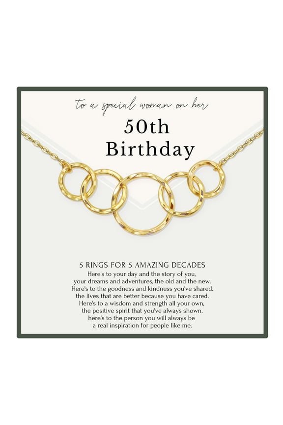 50th Birthday Gift for Her 5 Ring Gold Necklace for Women, 5 Decades Jewelry