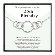 HOPE LOVE SHINE 50th Birthday Gift for Her   5 Ring 5 Decades Silver Necklace