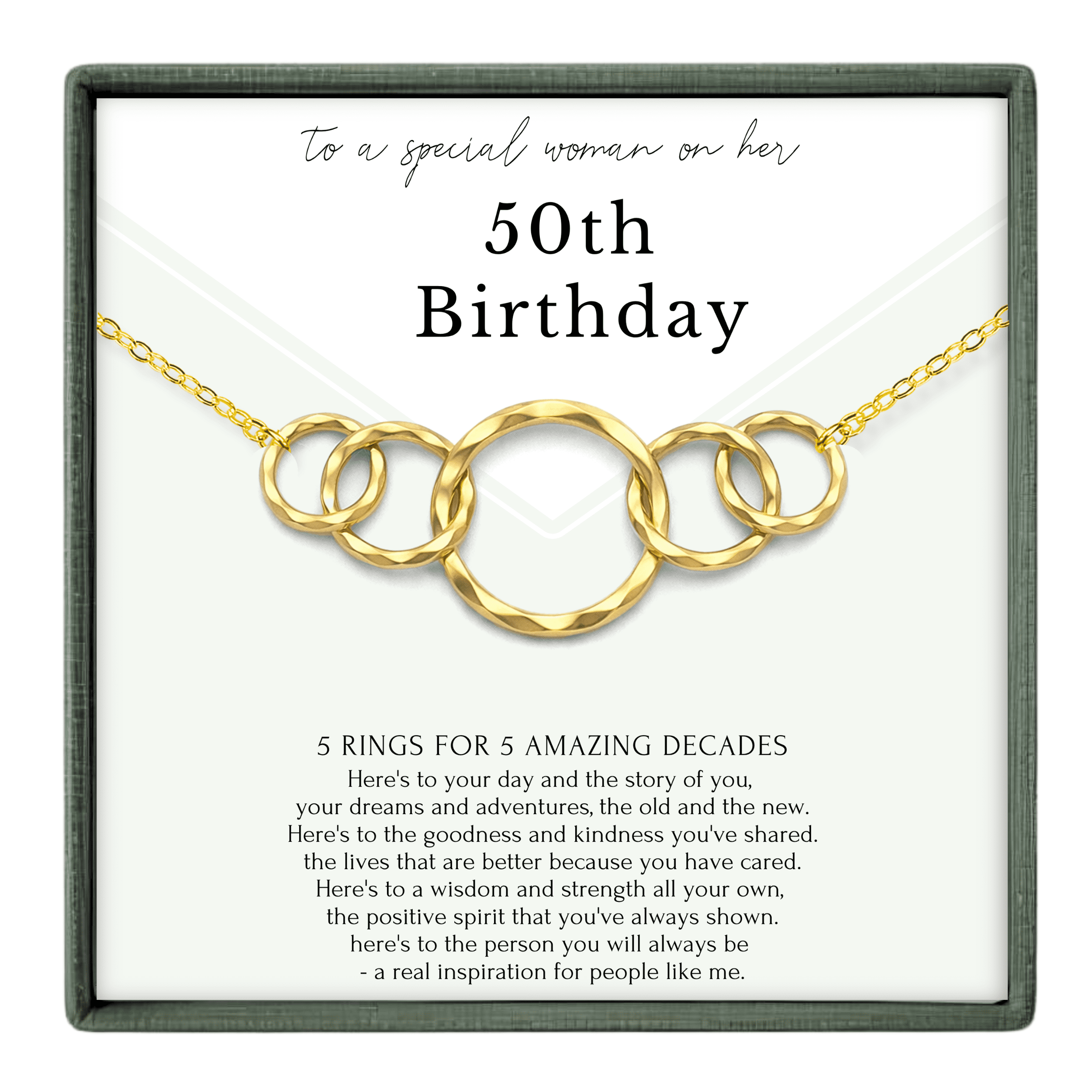 HOPE LOVE SHINE 50th Birthday Gift for Her – 5 Ring Gold Necklace, 5 Decades Jewelry