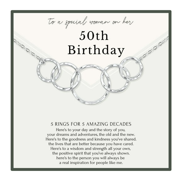 HOPE LOVE SHINE 50th Birthday Gift for Her – 5 Ring 5 Decades Silver Necklace, 50 year old Party Celebration