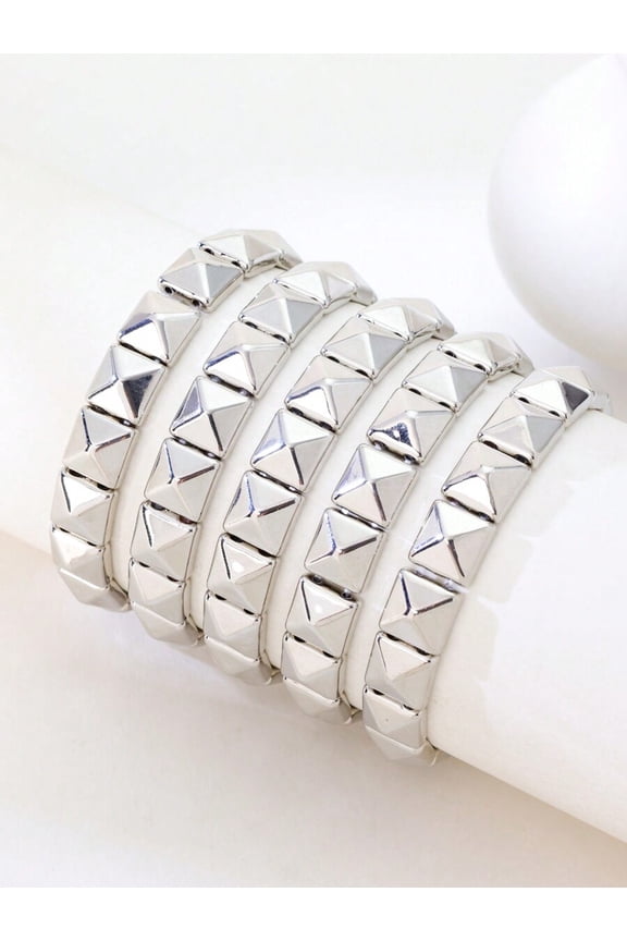 5 Rings Silver Punk Style Stretch Spiked Bangle Set, Unisex Metal Rivet Bracelet For Daily Wear And Festivals