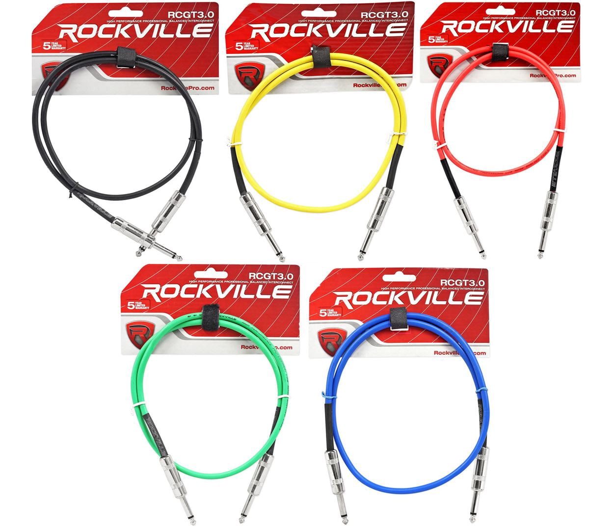 5 Rockville 3'  1/4" TS to 1/4'' TS Guitar/Instrument Cable (5 Colors)