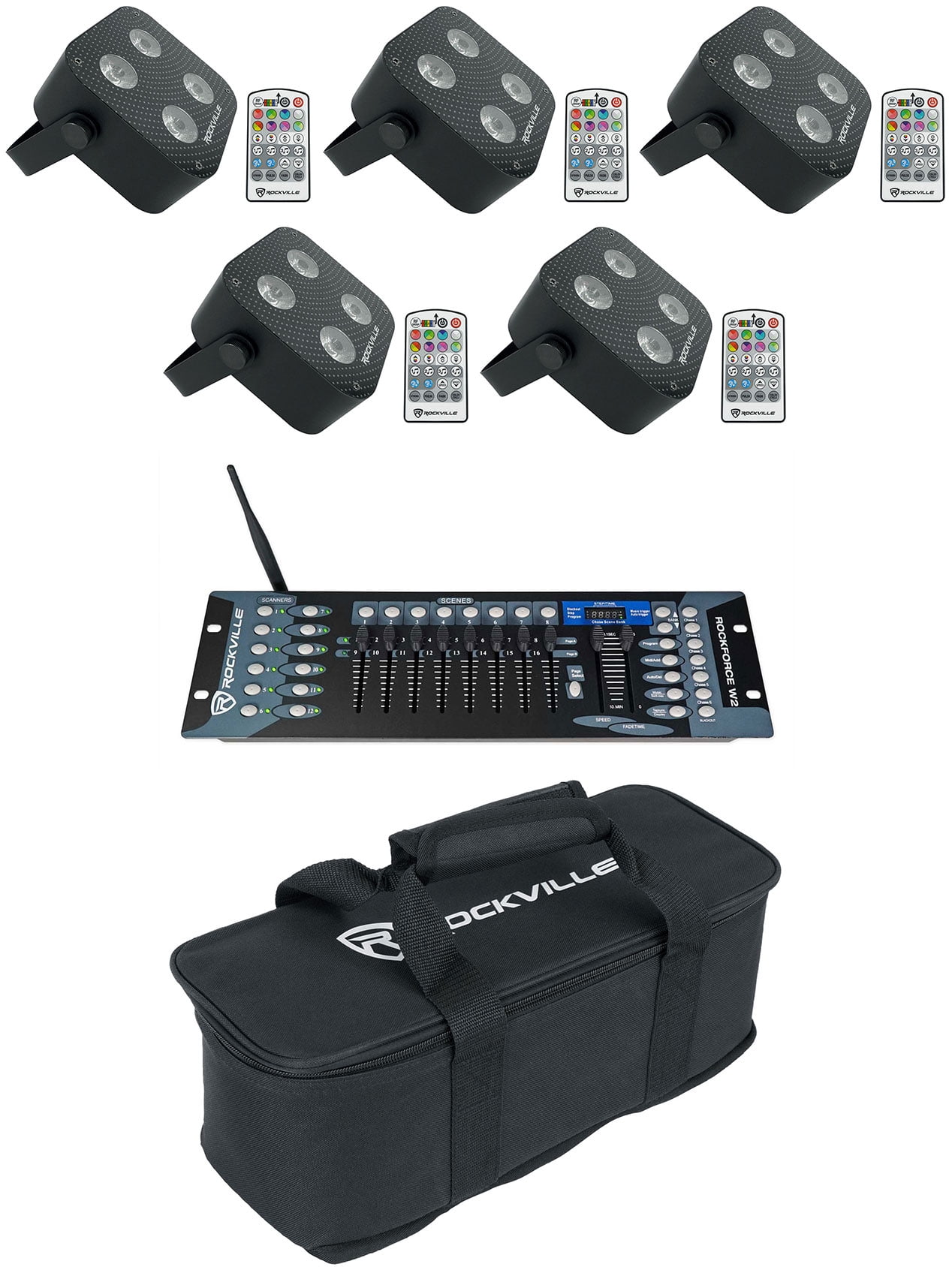 5) Rockville MINI RF4 Black RGBWA+UV DJ/Party LED Wash Lights+DMX ...