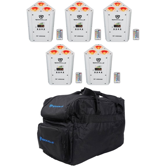 (5) Rockville RF WEDGE WHITE RGBWA+UV Battery Wireless DMX Up Lights+Remotes+Bag