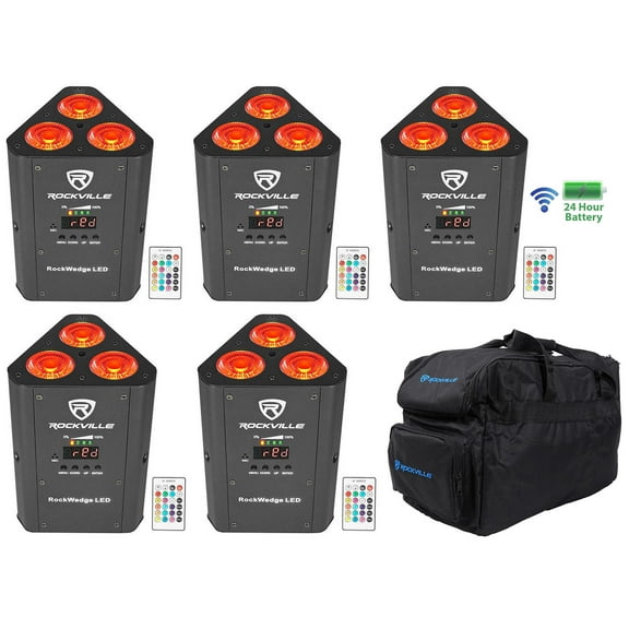 5) Rockville RockWedge LED RGBWA+UV Rechargeable Battery Wireless DMX Lights+Bag