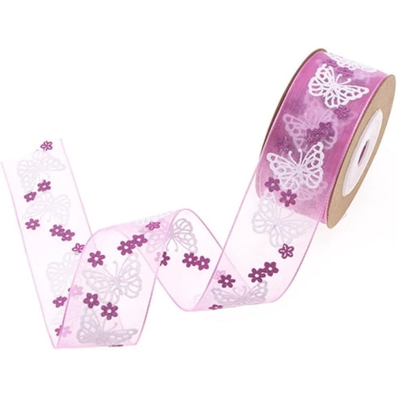 5 Roll 27 Yards Butterfly Ribbon Organza Sheer Wrapping Ribbon Pink Butterflies Floral Print Transparent Chiffon Silk Ribbon Wired for Sewing Making Wrapping Gift Crafts Wedding Wreaths Birthday