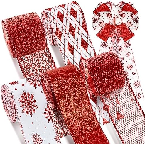 5 Roll 50 Yard Red Wire Glitter Ribbon 2.5 Inch Metal Mesh Sparkle ...