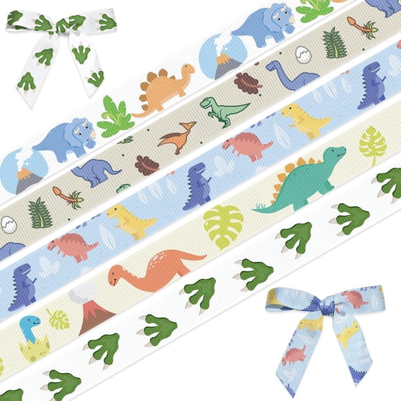 5 Roll Birthday Dinosaurs Ribbons for Crafting,3/8" Width Cartoon Animal Grosgrain Ribbons
