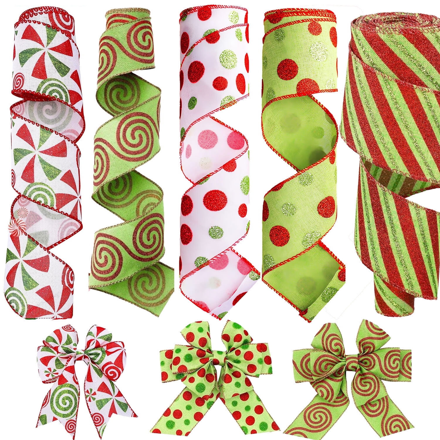 5 Roll Christmas Ribbon Wired, 2.5 Inch Red and Green Christmas Ribbon for Wreaths Bows, Tree Garland DIY Xmas Crafts Christmas Decorations