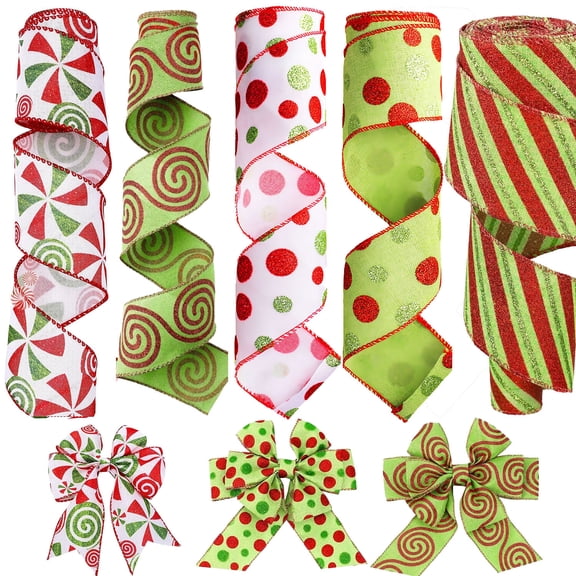 5 Roll Christmas Ribbon Wired, 2.5 Inch Red and Green Christmas Ribbon for Wreaths Bows, Tree Garland DIY Xmas Crafts Christmas Decorations