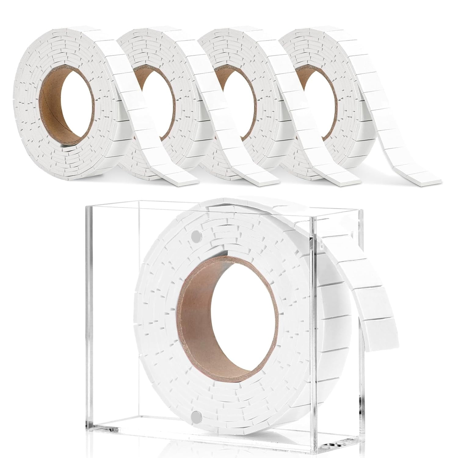5 Roll Double Sided Foam Tape for Crafts 0.75 x 0.47 Inch Pre-Cut Foam Mounting Tape with 1 Acrylic Storage Box Square Foam Dots Double Sided Adhesive Fit Arts Sewing DIY (5 Roll White+Box)