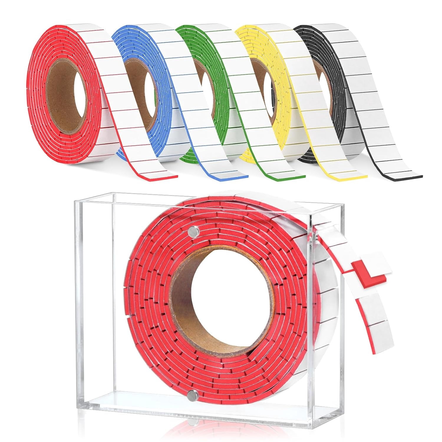 5 Roll Double Sided Foam Tape for Crafts 0.75 x 0.47 Inch Pre-Cut Foam Mounting Tape with 1 Acrylic Storage Box Square Foam Dots Double Sided Adhesive Fit Arts Sewing DIY (5 Roll White+Box)