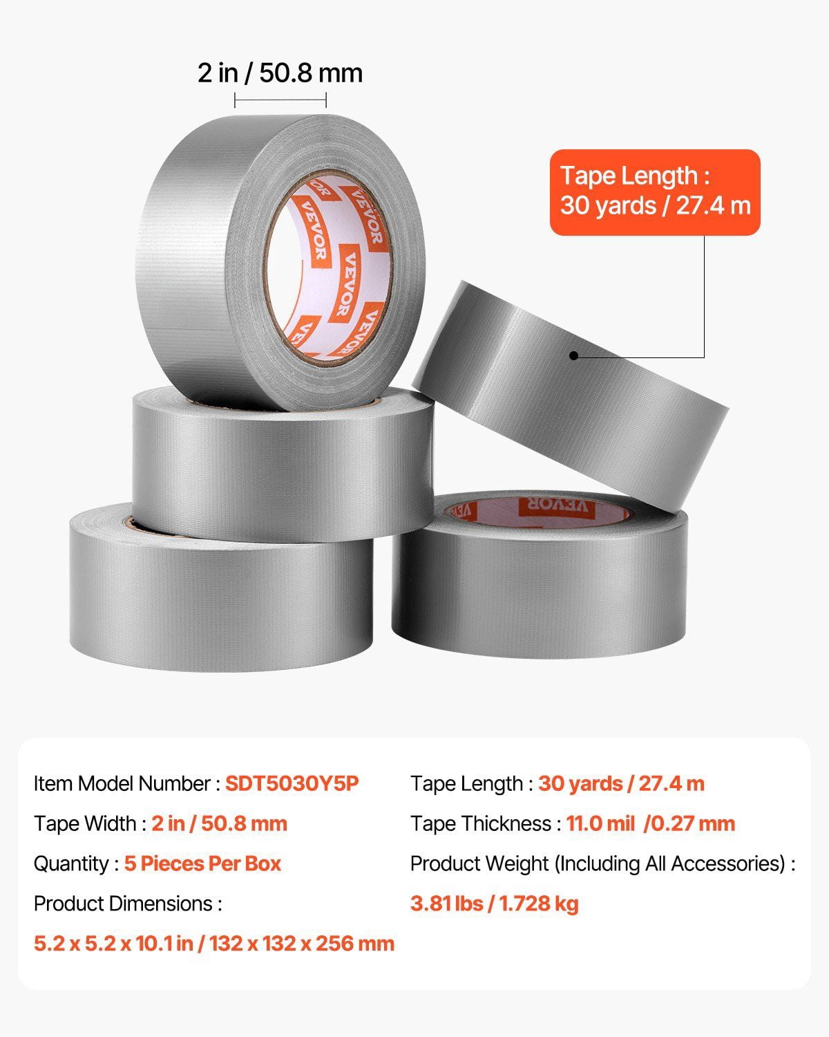 5-Roll Duct Tape Heavy Duty 2 Inches by 30 Yards, Waterproof and Weather-Resistant for Indoor Outdoor Repairs, Durable
