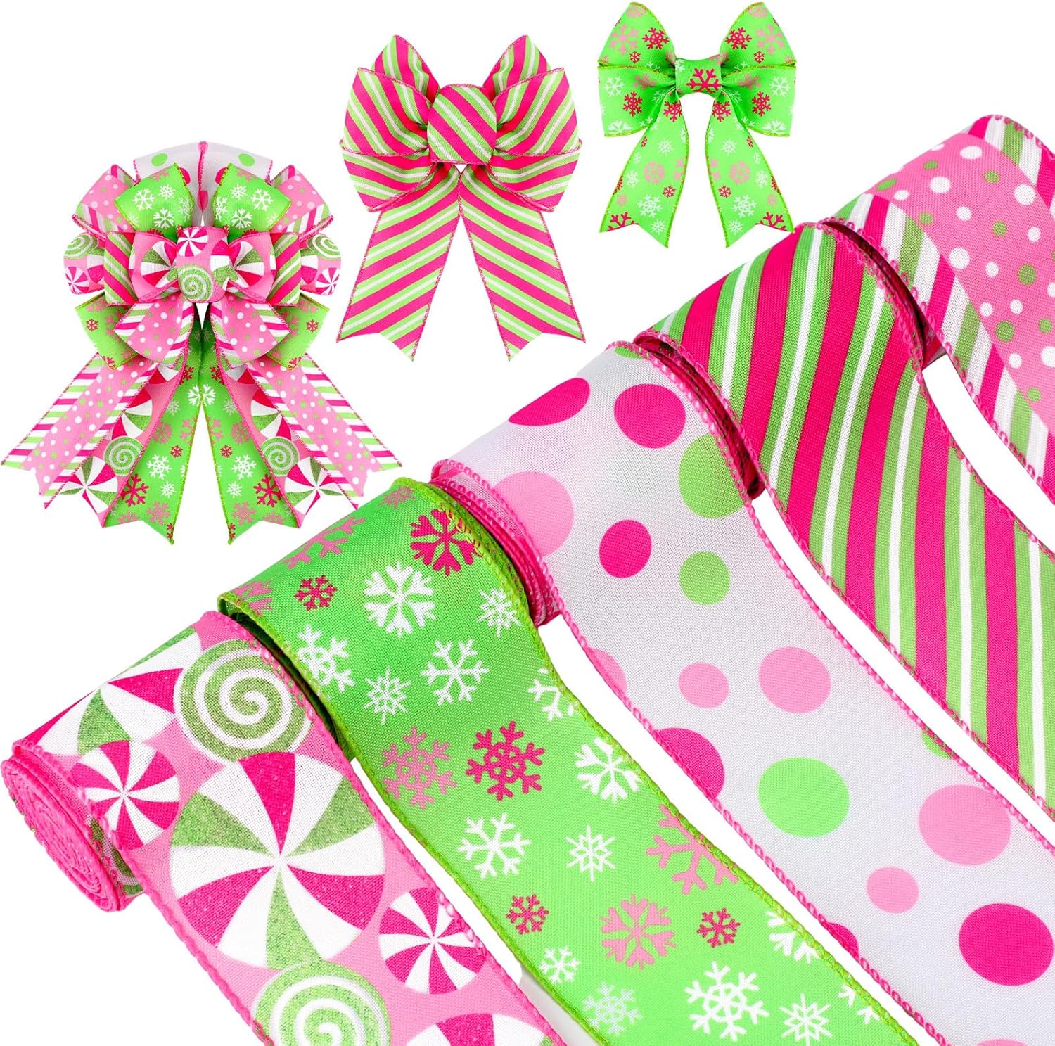 Pink Ribbon Xmas 5 Rolls 30 Yard Pink and Green Christmas Wired Ribbon 2.5 Inch Edge ...