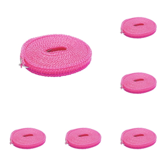 5 Rolls Adjustable Portable Nylon Clothesline, 196 Inch Windproof Laundry Drying Rope with Hooks, Cordeles Para Colgar Ropa Mojada, Retractable Hanging Cord for Indoor Outdoor Camping Travel, Pink