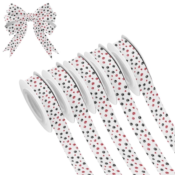 5 Rolls Christmas Ribbon 1.5 inch Wide Decorative Ribbon for Gift Wrapping and Holiday Decorations Black Paws and Hearts Pattern