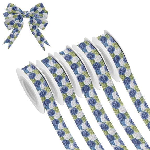 5 Rolls Christmas Ribbon 1.5 inch Wide Decorative Ribbon for Gift Wrapping and Holiday Decorations Blue and Green Roses Pattern