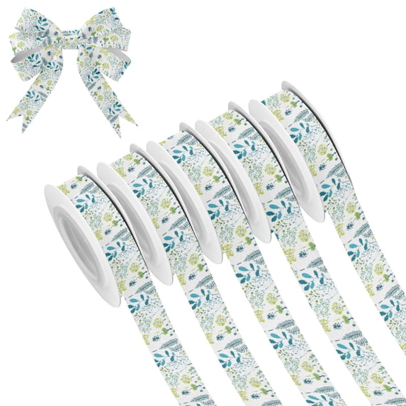 5 Rolls Christmas Ribbon 1.5 inch Wide Decorative Ribbon for Gift Wrapping and Holiday Decorations Blue-green Plants