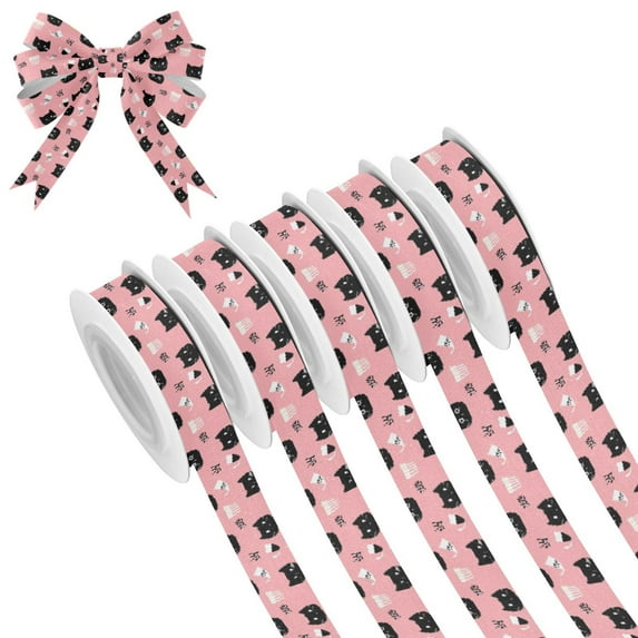 5 Rolls Christmas Ribbon 1.5 inch Wide Decorative Ribbon for Gift Wrapping and Holiday Decorations Cats and Cat Cups