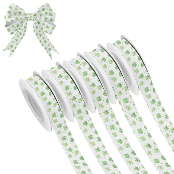 5 Rolls Christmas Ribbon 1.5 inch Wide Decorative Ribbon for Gift Wrapping and Holiday Decorations Green Shamrock Leaves