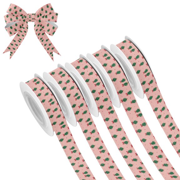 5 Rolls Christmas Ribbon 1.5 inch Wide Decorative Ribbon for Gift Wrapping and Holiday Decorations Green Trees and Red Bows